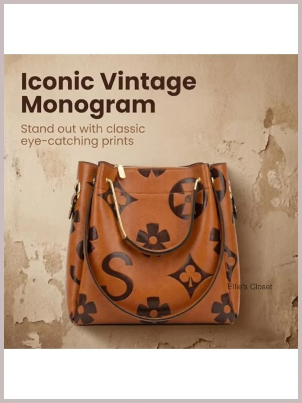 Women's Retro Monogram Crossbody Bag Vegan Leather Satchel Tote with Drawstring
